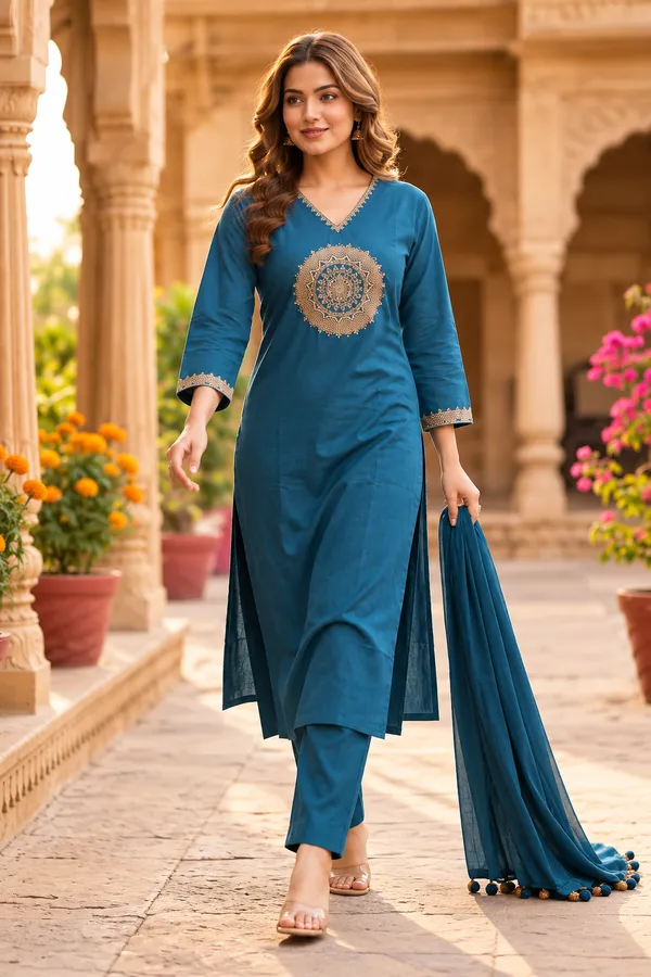 Teal_Cotton_60/60_3_Pec-Kurti_Set_For_Women