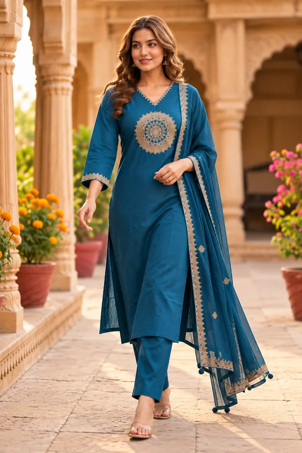Teal_Cotton_60/60_3_Pec-Kurti_Set_For_Women