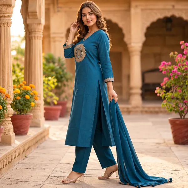 Teal_Cotton_60/60_3_Pec-Kurti_Set_For_Women