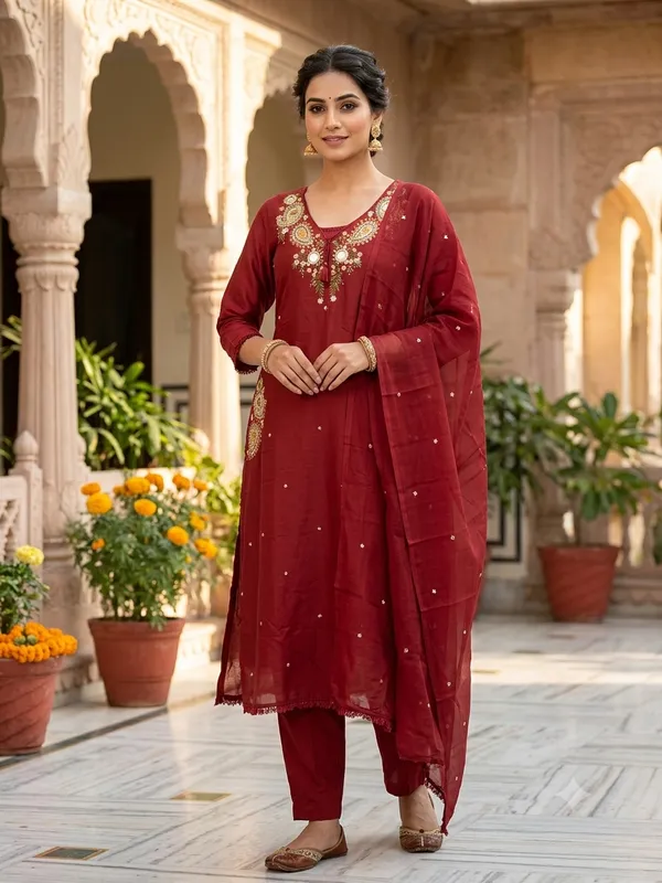 Maroon_Cotton_With_Handwork_And_Embroidery_3_Pec-Kurti_Set_For_Women