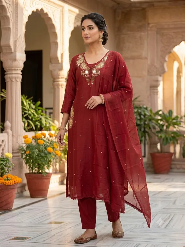Maroon_Cotton_With_Handwork_And_Embroidery_3_Pec-Kurti_Set_For_Women