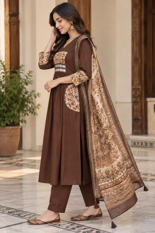 Brown_Roman_Silk_3_Pec-Kurti_Set_For_Women