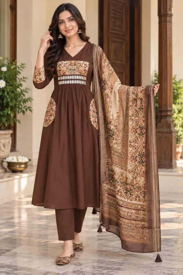 Brown_Roman_Silk_3_Pec-Kurti_Set_For_Women