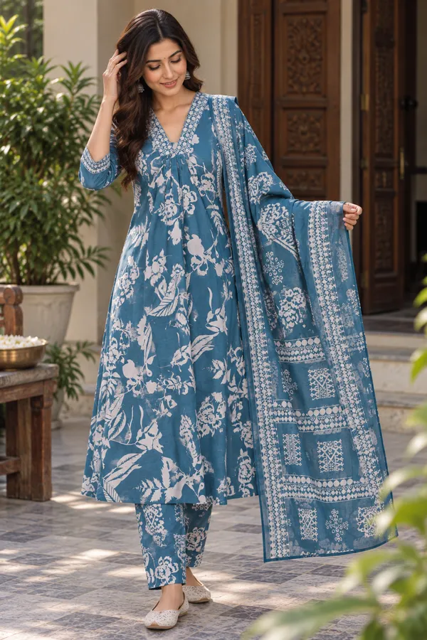 Blue_Mull_Cotton_3_Pec-Kurti_Set_For_Women