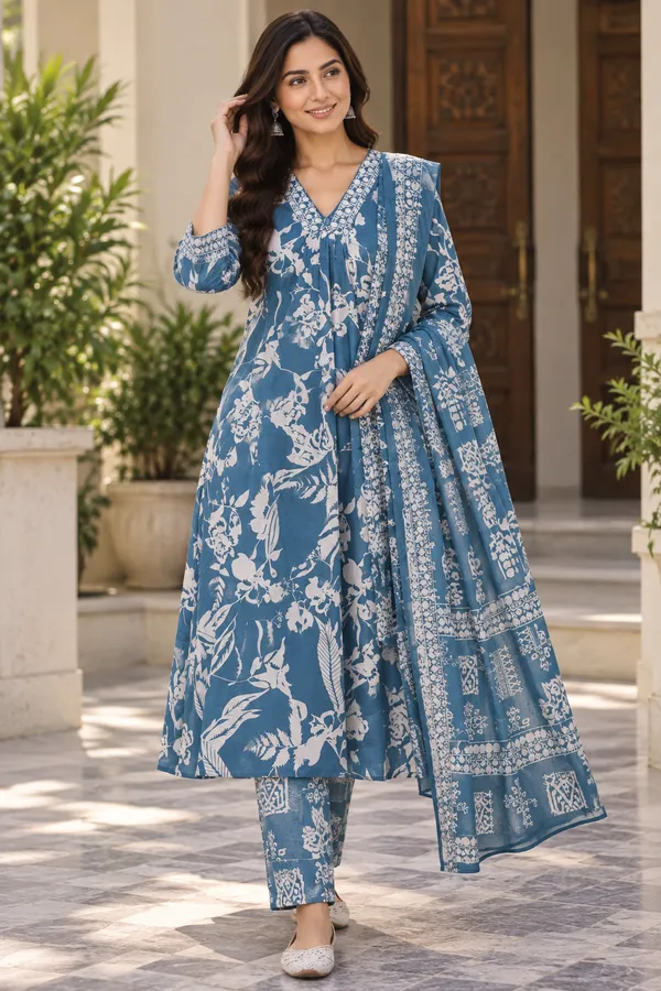 Blue_Mull_Cotton_3_Pec-Kurti_Set_For_Women