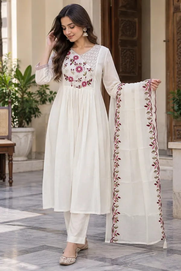 Cream_Mull_Cotton_3_Pec-Kurti_Set_For_Women