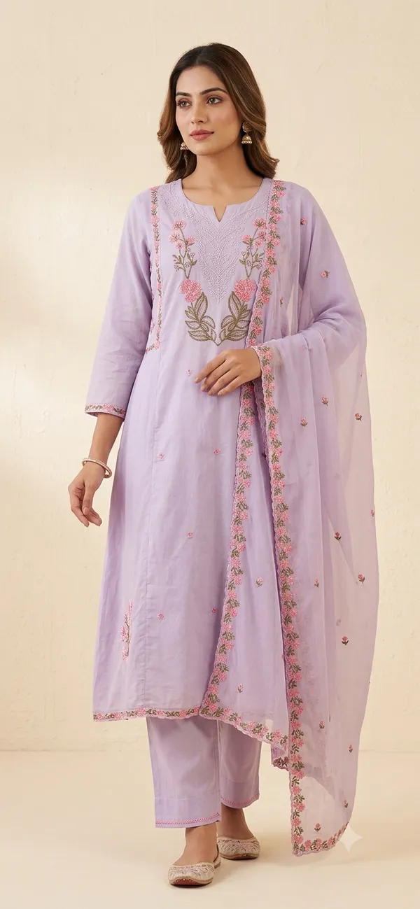 Lavender_Cotton_With_Embroidery_3_Pec-Kurti_Set_For_Women