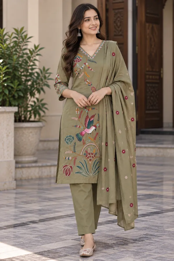 Olive_Green_Mul_Chanderi_3_Pec-Kurti_Set_For_Women