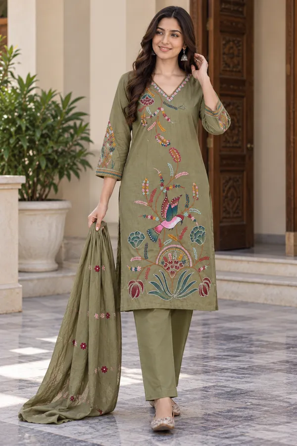 Olive_Green_Mul_Chanderi_3_Pec-Kurti_Set_For_Women