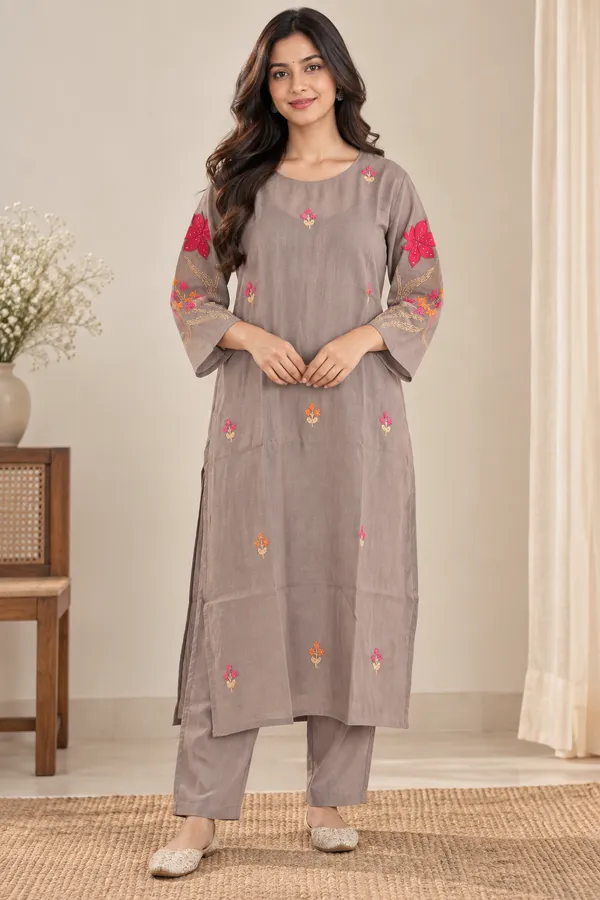 Brown_Roman_Silk_3_Pec-Kurti_Set_For_Women