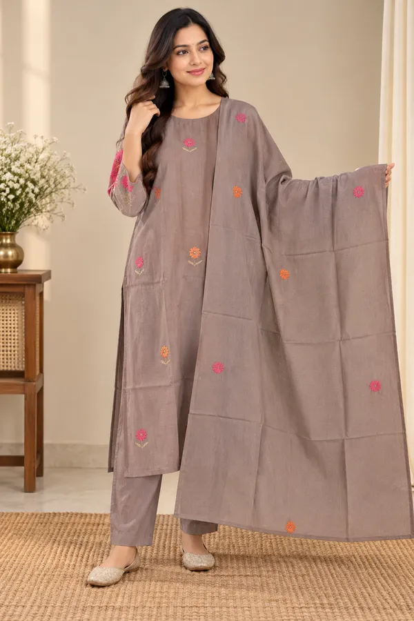 Brown_Roman_Silk_3_Pec-Kurti_Set_For_Women