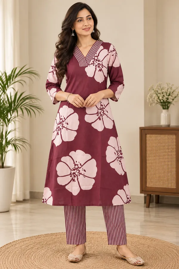 Maroon_Khadi_Cotten_3_Pec-Kurti_Set_For_Women