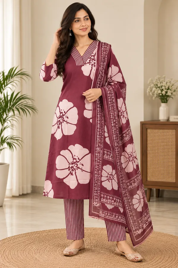 Maroon_Khadi_Cotten_3_Pec-Kurti_Set_For_Women