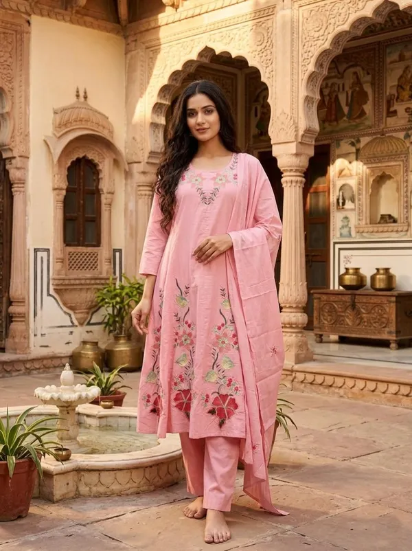 Pink_Premium_Cotton_With_Embroidery_3_Pec-Kurti_Set_For_Women