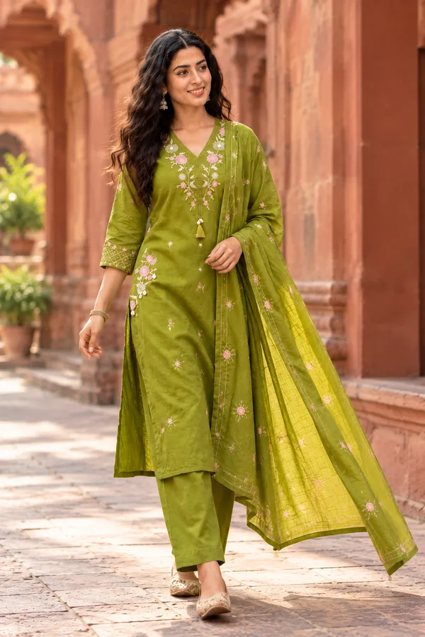Green_Mal_Cotton_With_Embroidery_3_Pec-Kurti_Set_For_Women