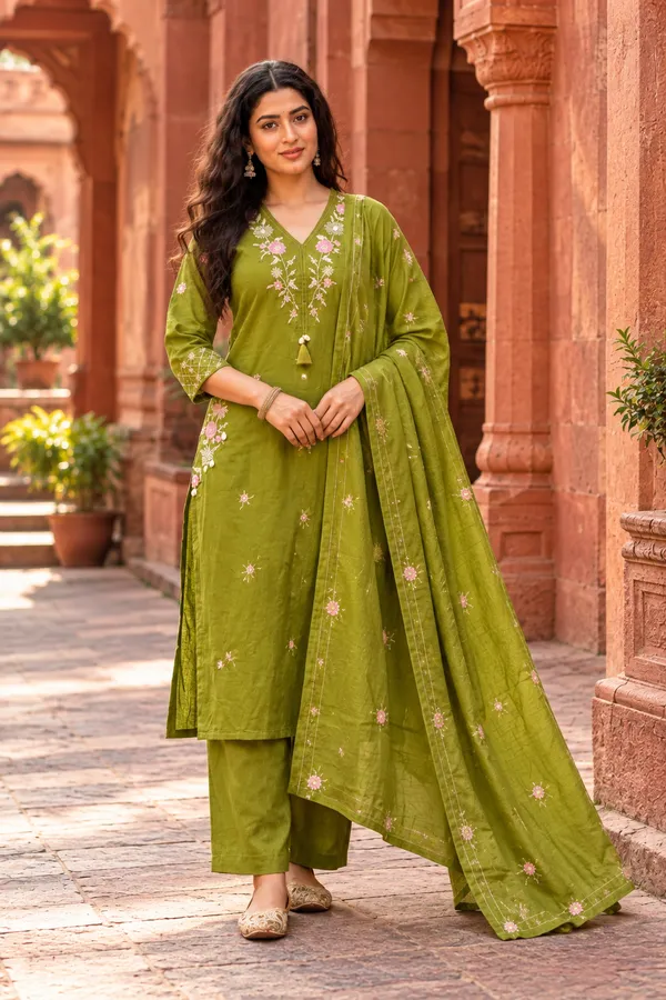 Green_Mal_Cotton_With_Embroidery_3_Pec-Kurti_Set_For_Women