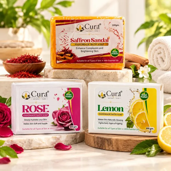 Cura_Lemon_Neem_Tulsi_Handmade_&__Rose_Manjistha_Chandan_&_Saffron_Sandal_Neem_Handmade_Bath_Soap_-_Pack_Of_3