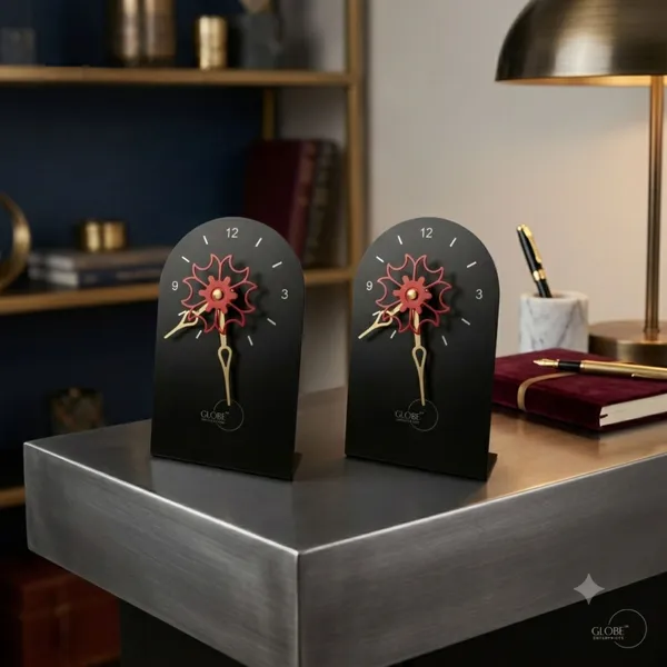 Modern_Minimalist_Arched_Desk_Clock_Set_(2_Pieces)_With__Black,_Gold_&_Red_Accent