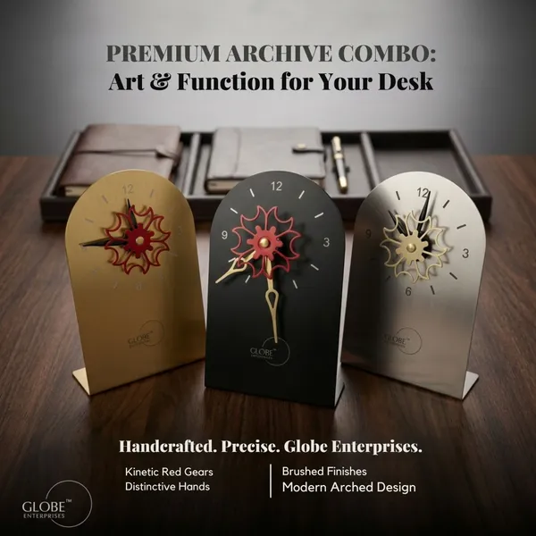 Premium_Archive_Trio_Desk_Clock_Combo_(Pack_of_3)_–_Gold,_Matte_Black_&_Silver