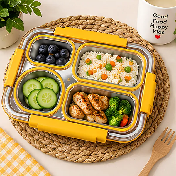 4_Slot_Steel_Lunch_Box_|_Spoon_&_Chopstick_|_Portable_&_Leak-proof_|_Yellow_|_900ml
