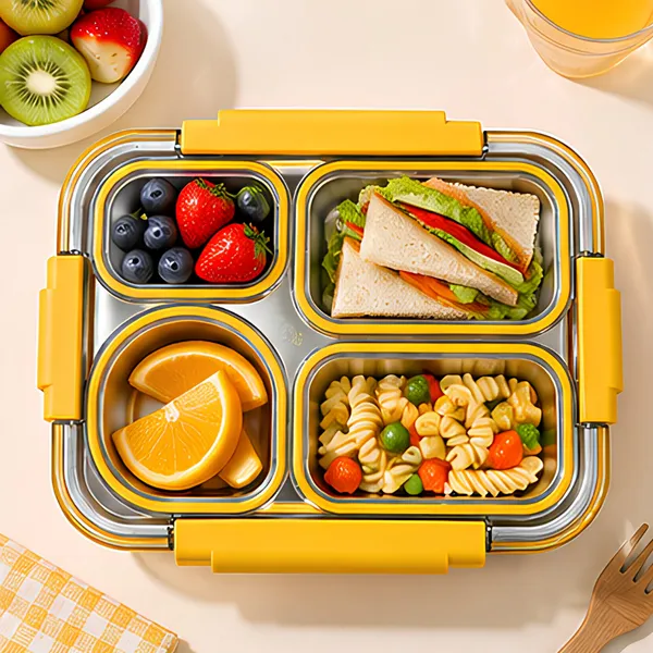 4_Slot_Steel_Lunch_Box_|_Spoon_&_Chopstick_|_Portable_&_Leak-proof_|_Yellow_|_900ml