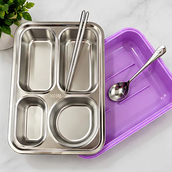 4_Slot_Steel_Lunch_Box_|_Spoon_&_Chopstick_|_Portable_&_Leak-proof_|_Pink_|_900ml