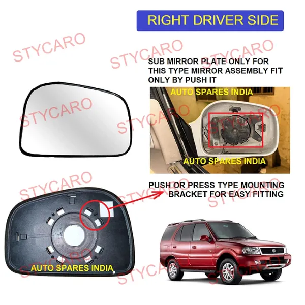 Safari_Ist_Gen_Orvm_Right_Driver_Side_Mirror_Glass_With_Sub_Plate