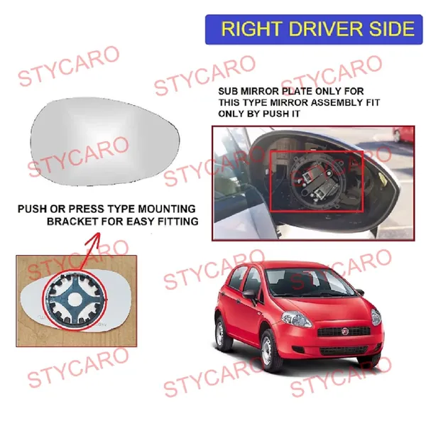 Punto_Orvm_Right_Driver_Side_Mirror_Glass_With_Sub_Plate