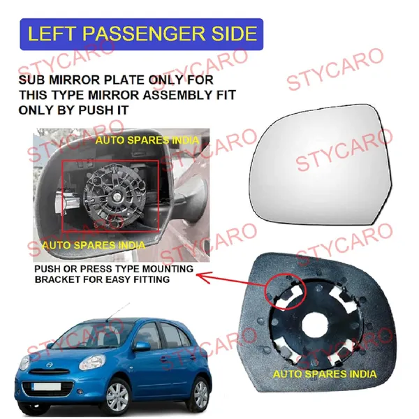 Micra_Orvm_Left_Passenger_Side_Mirror_Glass_With_Sub_Plate
