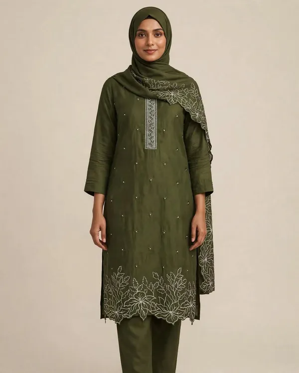 Al_Buraaq_Mahira_Olive_Green_Embroidered_Straight_Kurta_Set_–_Unstitche