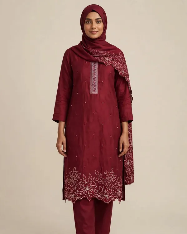 Al_Buraaq_Gulnaar_Maroon_Embroidered_Straight_Kurta_Set_–_Unstitched