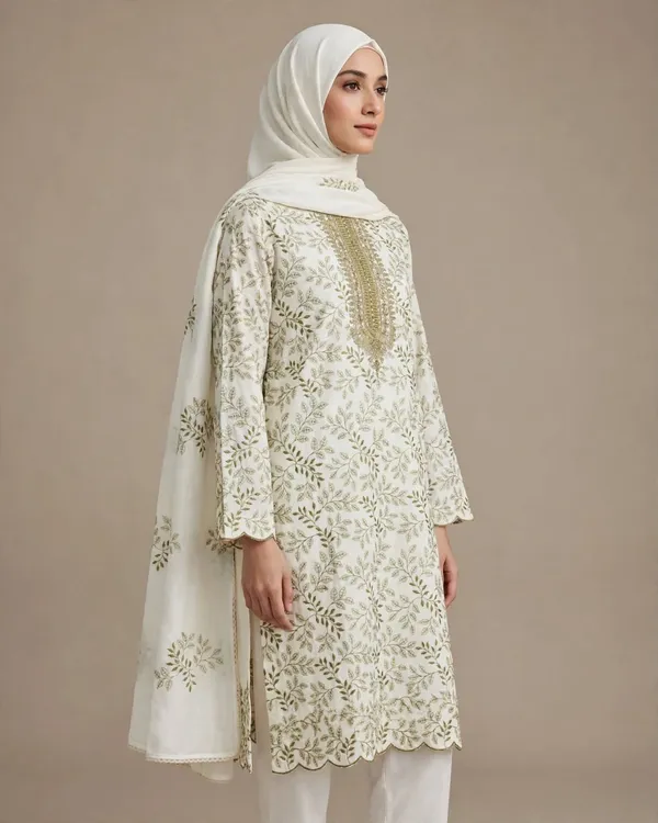 Al_Buraaq_Gulrukh_Olive_Green_Leaf_Jaal_Embroidered_Kurta_–_Unstitched