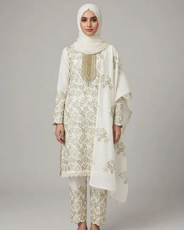 Al_Buraaq_Gulrukh_Olive_Green_Leaf_Jaal_Embroidered_Kurta_–_Unstitched