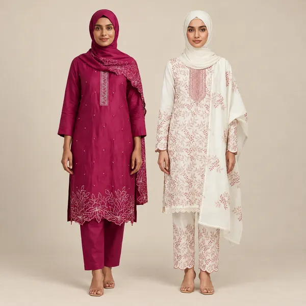 Al_Buraaq_Sofi_Magenta_Embroidered_Straight_Kurta_Set_&_Al_Buraaq_Gulbano_Rose_Pink_Embroidered_Kurta_with_Delicate_Neckline_Work_-_Unstitched_Pack_Of_2