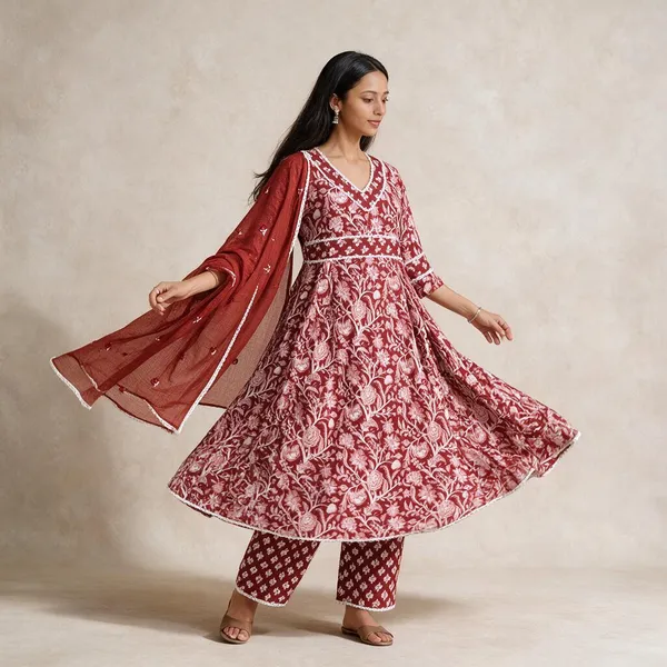 Red_Cotton_Printed_Flared_Kurta_Set_For_Women
