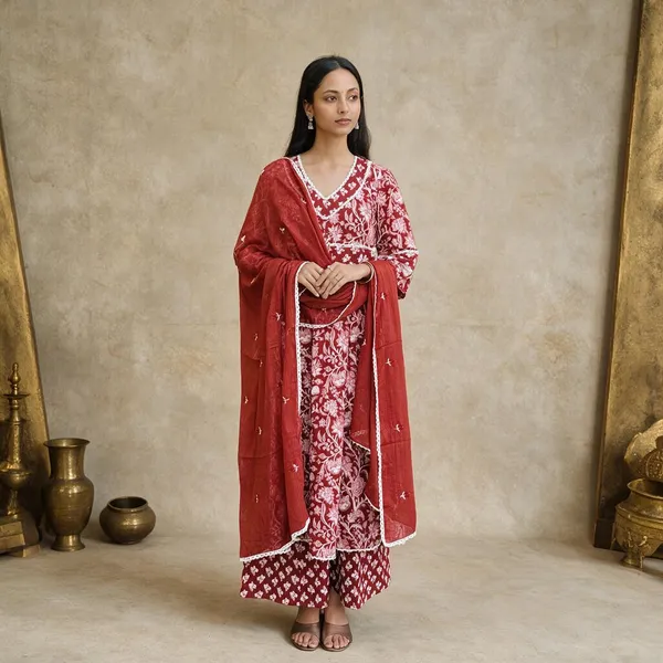 Red_Cotton_Printed_Flared_Kurta_Set_For_Women