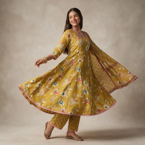 Mustard_Yellow_Cotton_Floral_Printed_A-Line_Kurta_Set_For_Women