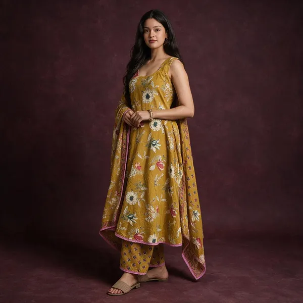 Mustard_Yellow_Cotton_Floral_Printed_A-Line_Kurta_Set_For_Women