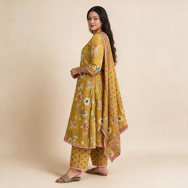 Mustard_Yellow_Cotton_Floral_Printed_A-Line_Kurta_Set_For_Women