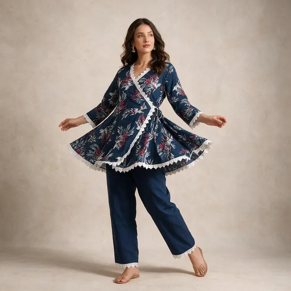 Navy_Blue_Cotton_Floral_Printed_Kurta_Pant_Set_For_Women