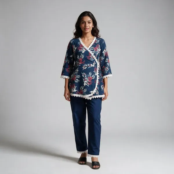 Navy_Blue_Cotton_Floral_Printed_Kurta_Pant_Set_For_Women