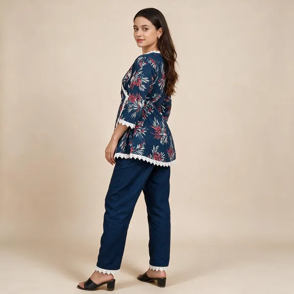 Navy_Blue_Cotton_Floral_Printed_Kurta_Pant_Set_For_Women