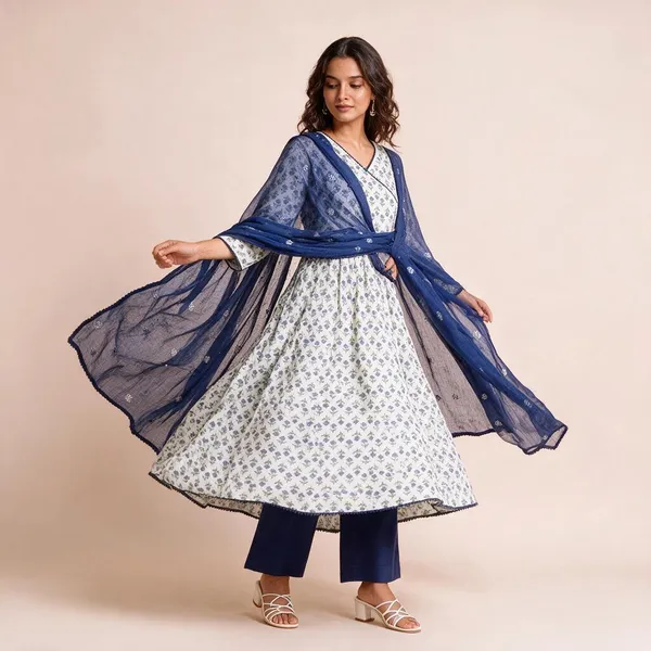 White_Blue_Cotton_Printed_Anarkali_Kurta_Set_For_Women