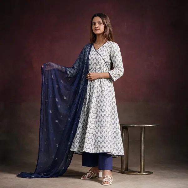 White_Blue_Cotton_Printed_Anarkali_Kurta_Set_For_Women