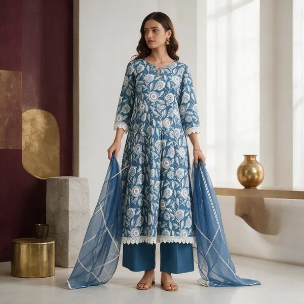 Blue_Cotton_Printed_A-Line_Kurta_Set_For_Women