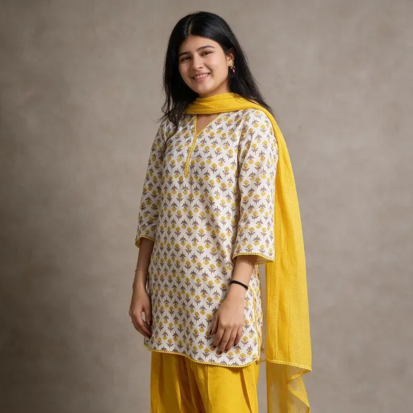 White_Cotton_Floral_Printed_Straight_Kurta_Set_For_Women