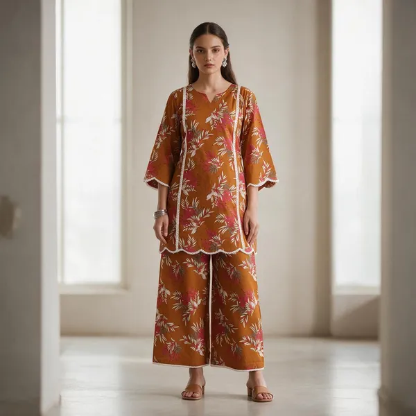 Orange_Cotton_Floral_Printed_Kurta_Palazzo_Set_For_Women