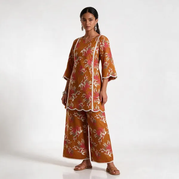 Orange_Cotton_Floral_Printed_Kurta_Palazzo_Set_For_Women