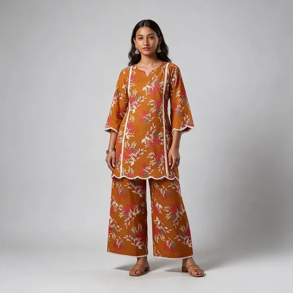 Orange_Cotton_Floral_Printed_Kurta_Palazzo_Set_For_Women