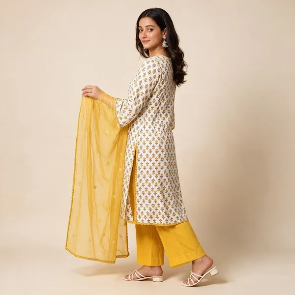 White_Yellow_Cotton_Floral_Printed_Kurta_Set_With_Dupatta_For_Women